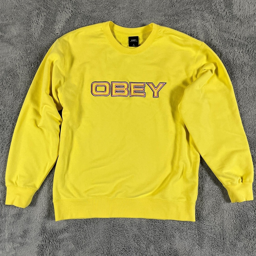 Obey Worldwide Sweatshirt Mens Large Yellow Embroidered Logo Crewneck Pullover